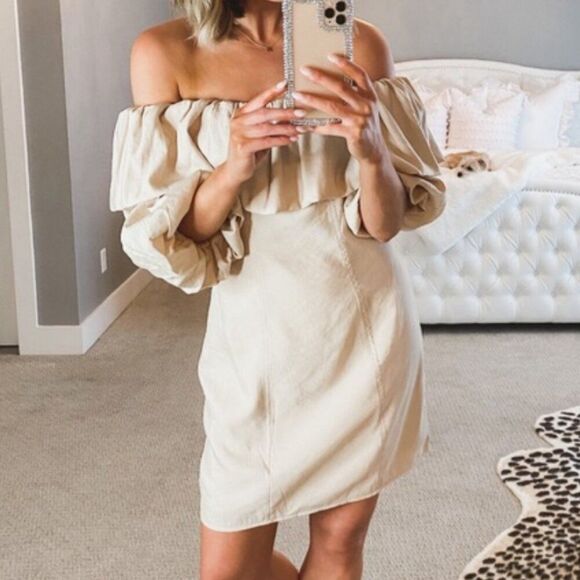 SKYLAR ROSE Boldly Beautiful Beige Puff Sleeve Off-the-Shoulder Mini Dress - Picture 3 of 4